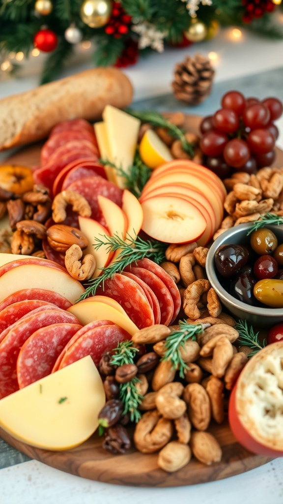A festive charcuterie board with meats, cheeses, fruits, nuts, and bread for Christmas.